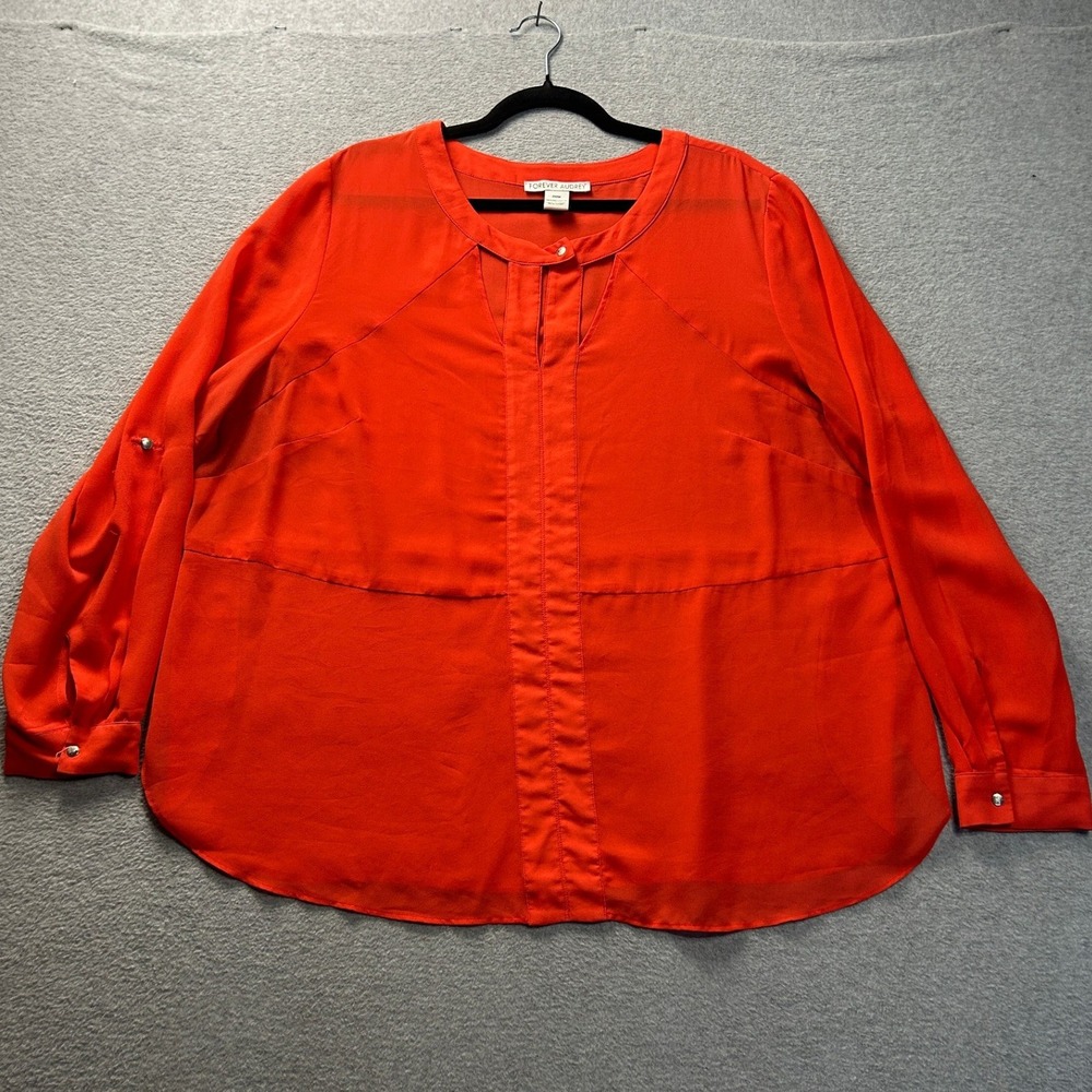 Forever Audrey Blouse Roll Tab Sleeve Womens 20W Red Tunic Top Plus Size Loose